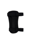 A black and black archery support pad with adjustable black straps, featuring the 'archerysource' logo in white and blue on the front.