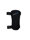 A black and black archery support pad with adjustable black straps, featuring the 'archerysource' logo in white and blue on the front.