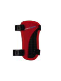 A red and black archery support pad with adjustable black straps, featuring the 'archerysource' logo in white and blue on the front.