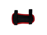 A red and black archery armguard pad with adjustable black straps, featuring the 'archerysource' logo in white and blue on the front.